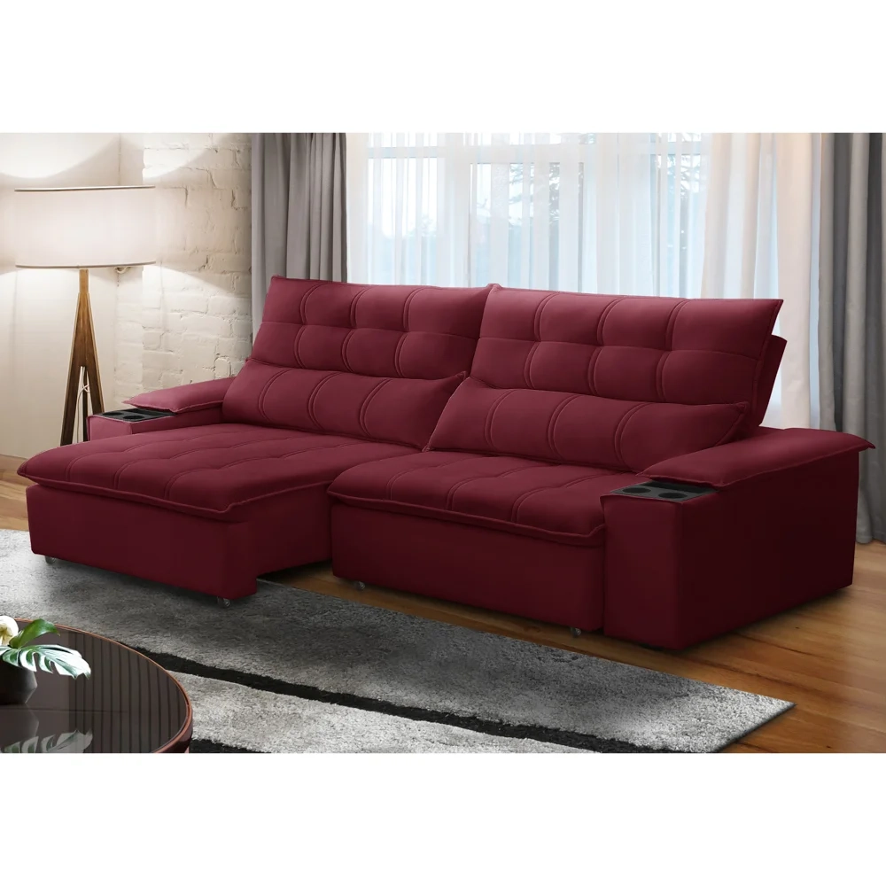Sofá Retrátil 3 Lugares com Porta Copo 230cm Malta F05 Veludo Bordô - Mpozenato