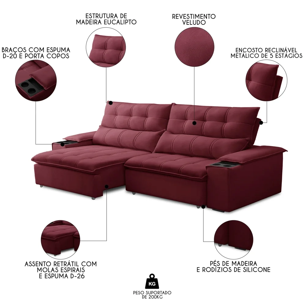 Sofá Retrátil 3 Lugares com Porta Copo 230cm Malta F05 Veludo Bordô - Mpozenato