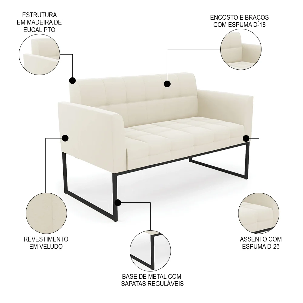 Sofá Namoradeira e 1 Poltrona Base Industrial Preto Ana Veludo Bege - Ibiza