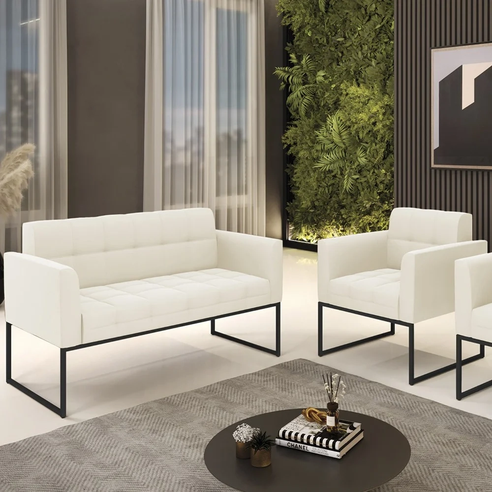 Sofá Namoradeira e 1 Poltrona Base Industrial Preto Ana Veludo Bege - Ibiza