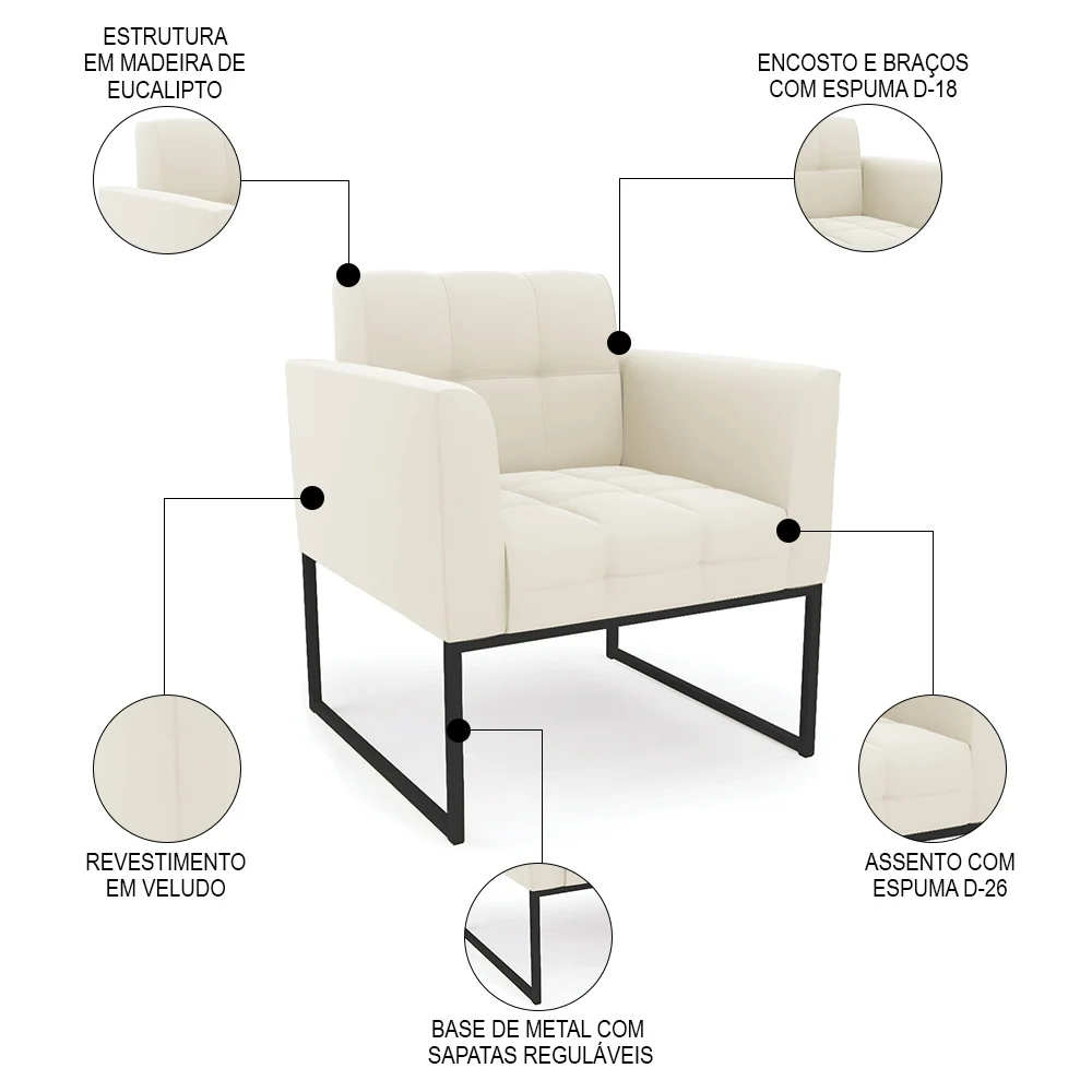 Sofá Namoradeira e 1 Poltrona Base Industrial Preto Ana Veludo Bege - Ibiza