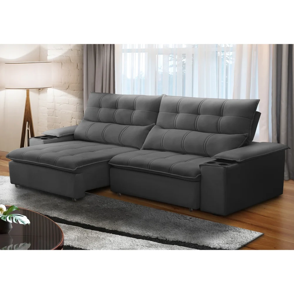 Sofá Retrátil 3 Lugares com Porta Copo 230cm Malta F05 Veludo Grafite - Mpozenato