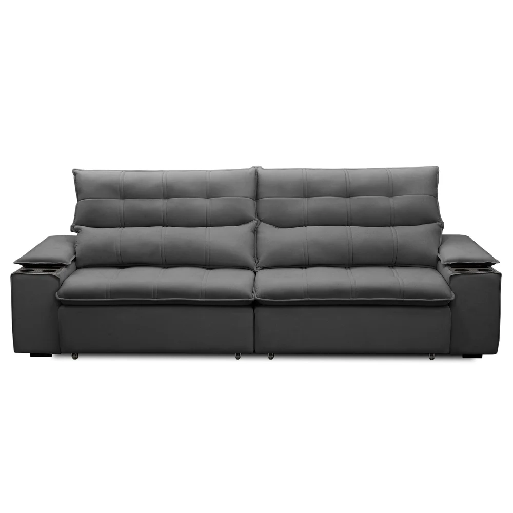 Sofá Retrátil 3 Lugares com Porta Copo 230cm Malta F05 Veludo Grafite - Mpozenato