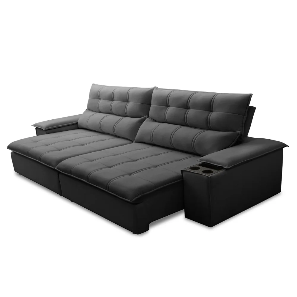 Sofá Retrátil 3 Lugares com Porta Copo 230cm Malta F05 Veludo Grafite - Mpozenato