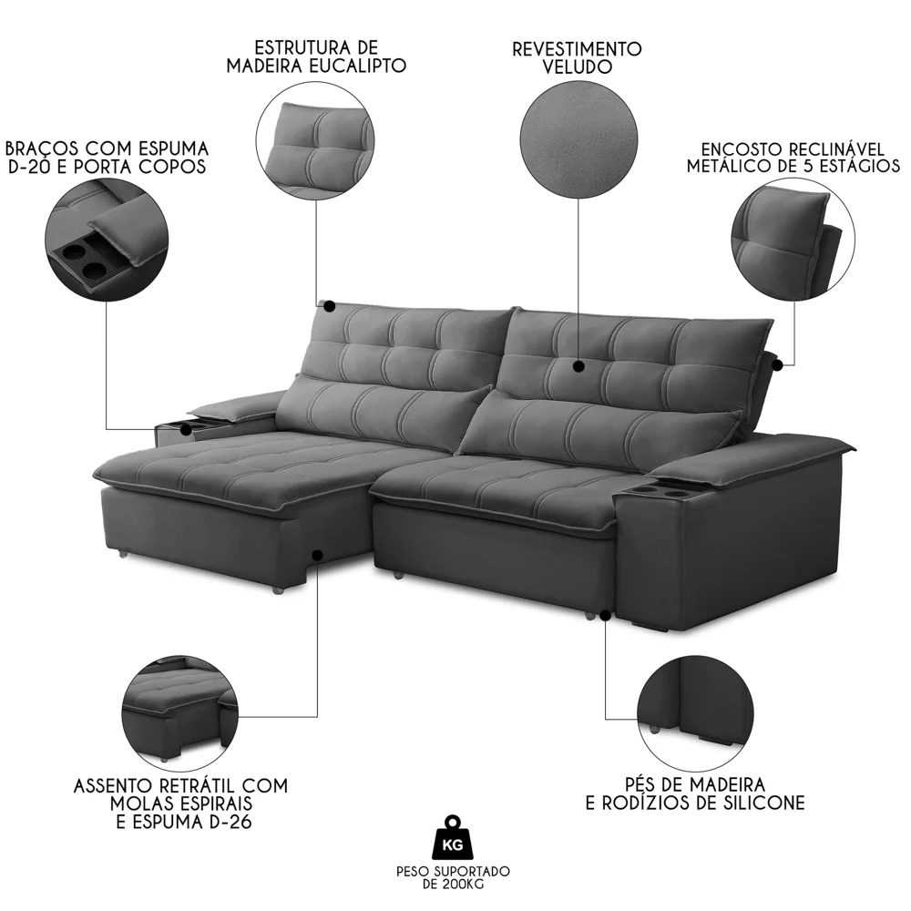 Sofá Retrátil 3 Lugares com Porta Copo 230cm Malta F05 Veludo Grafite - Mpozenato