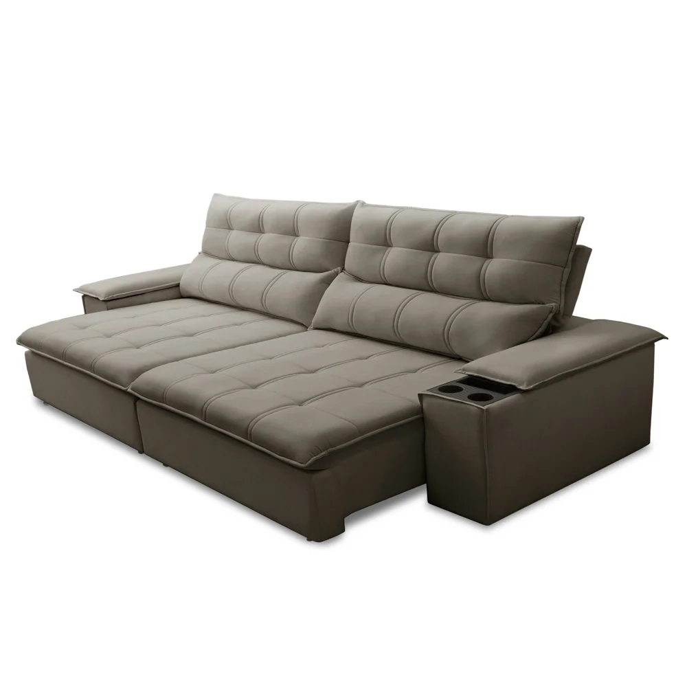 Sofá Retrátil 3 Lugares com Porta Copo 230cm Malta F05 Veludo Marrom - Mpozenato