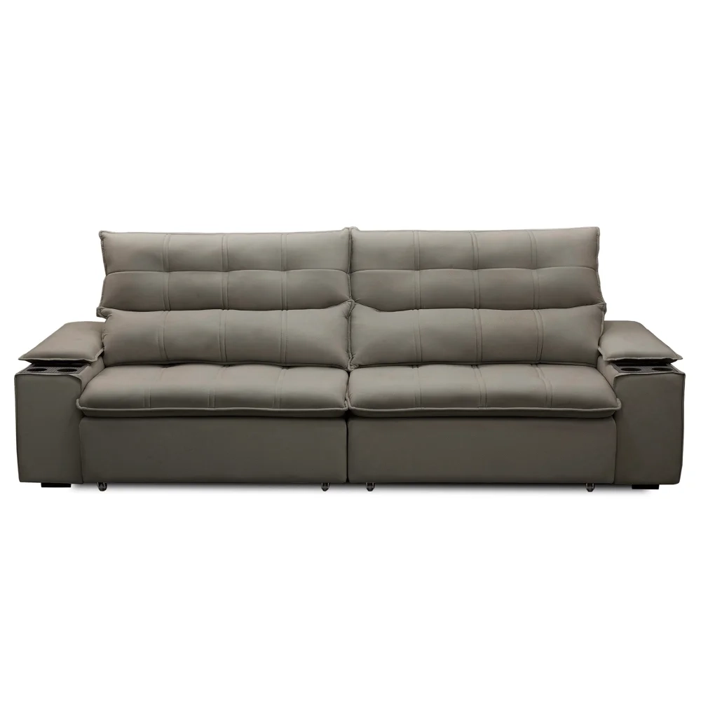 Sofá Retrátil 3 Lugares com Porta Copo 230cm Malta F05 Veludo Marrom - Mpozenato