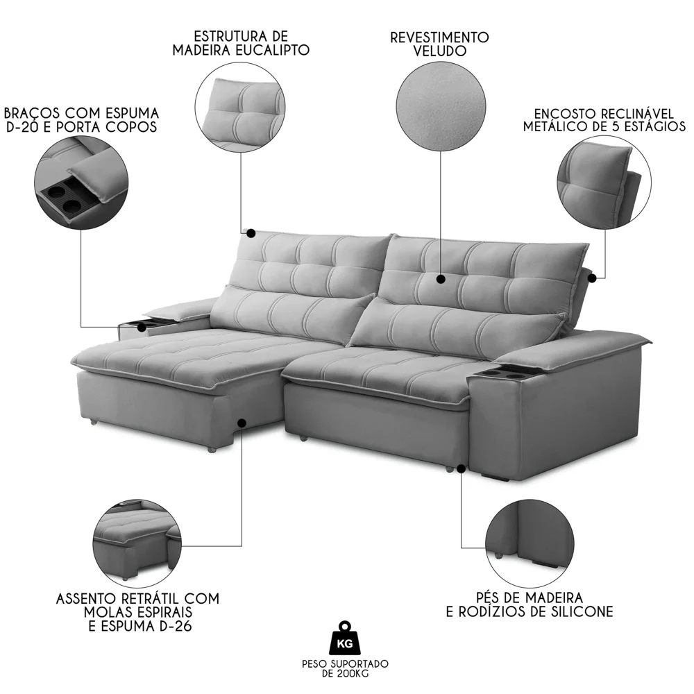Sofá Retrátil 3 Lugares com Porta Copo 230cm Malta F05 Veludo Cinza - Mpozenato