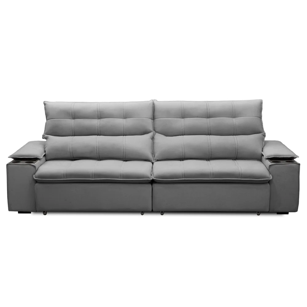 Sofá Retrátil 3 Lugares com Porta Copo 230cm Malta F05 Veludo Cinza - Mpozenato