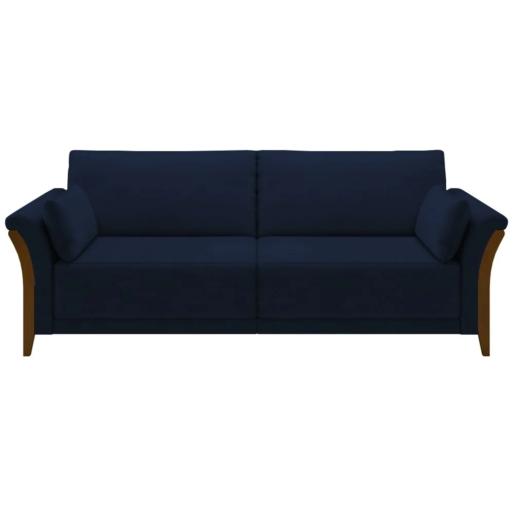 Kit Sofá Living 3 Lugares e Poltrona 102cm Pés Madeira Roya Z32 Veludo Azul Marinho - Mpozenato