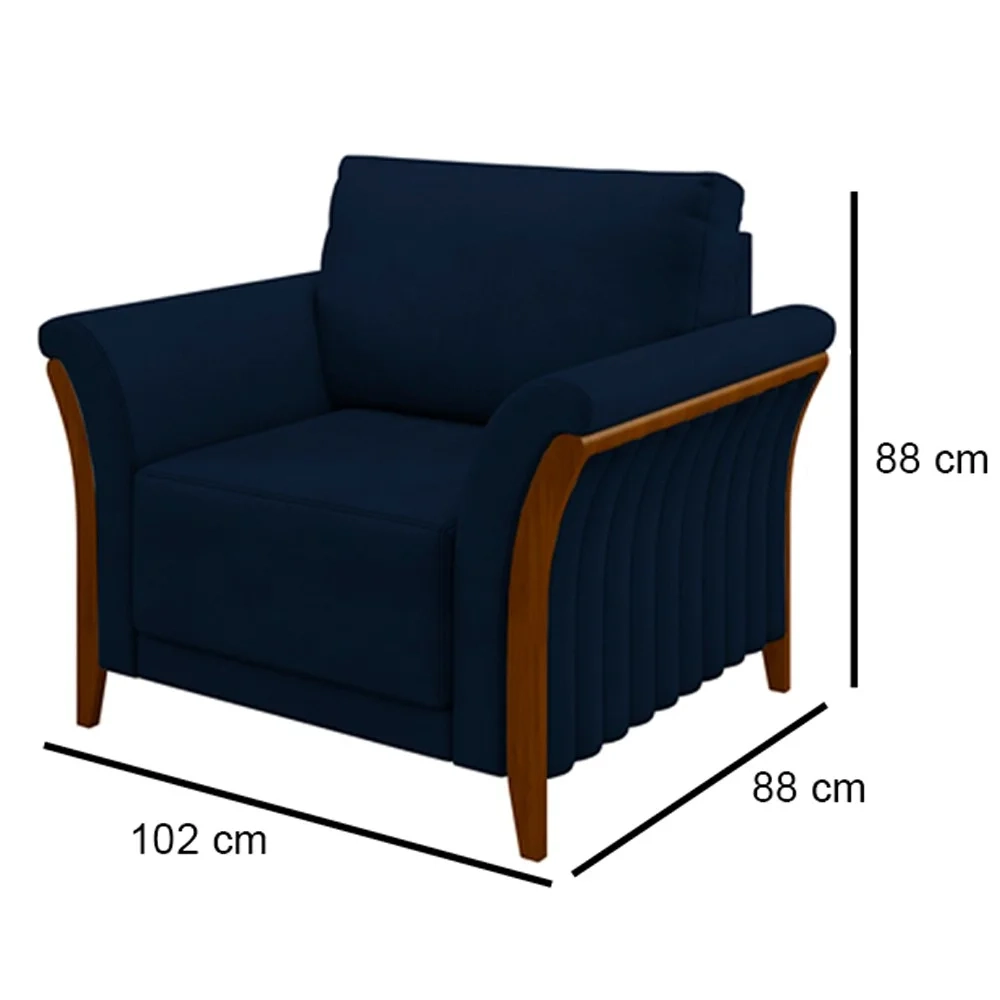 Kit Sofá Living 3 Lugares e Poltrona 102cm Pés Madeira Roya Z32 Veludo Azul Marinho - Mpozenato
