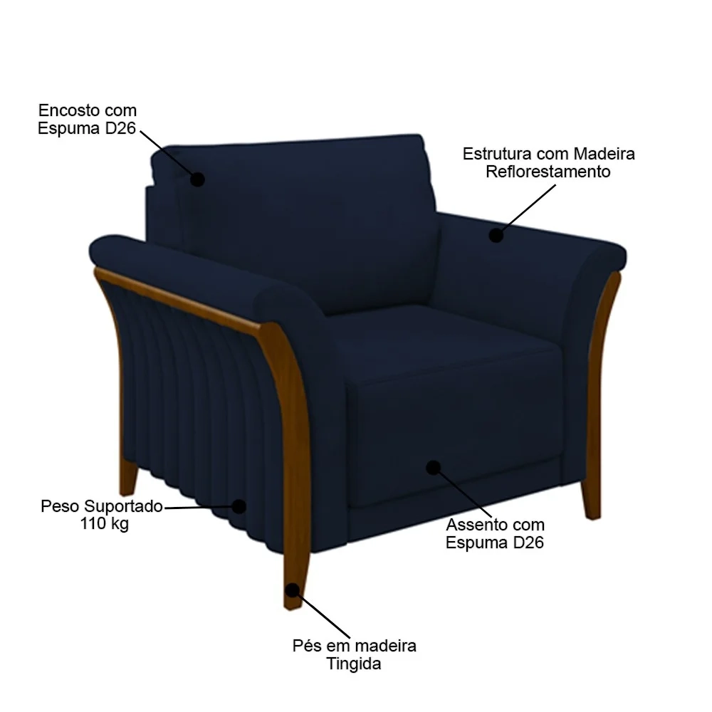 Kit Sofá Living 3 Lugares e Poltrona 102cm Pés Madeira Roya Z32 Veludo Azul Marinho - Mpozenato