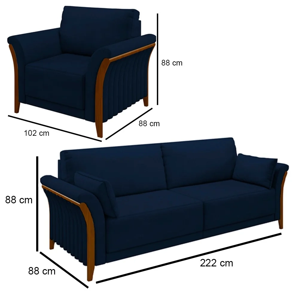Kit Sofá Living 3 Lugares e Poltrona 102cm Pés Madeira Roya Z32 Veludo Azul Marinho - Mpozenato