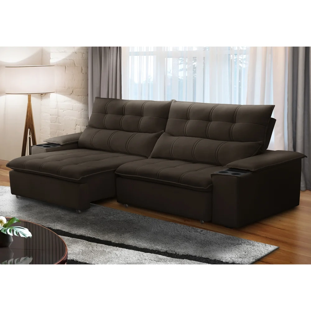 Sofá Retrátil 3 Lugares com Porta Copo 230cm Malta F05 Veludo Marrom Escuro - Mpozenato