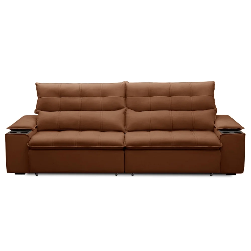 Sofá Retrátil 3 Lugares com Porta Copo 230cm Malta F05 Veludo Terracota - Mpozenato