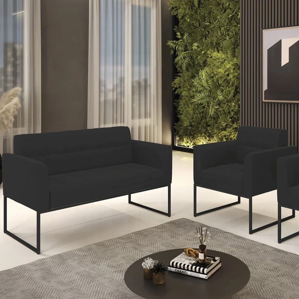 Sofá Namoradeira e 1 Poltrona Base Industrial Preto Ana Veludo Preto - Ibiza