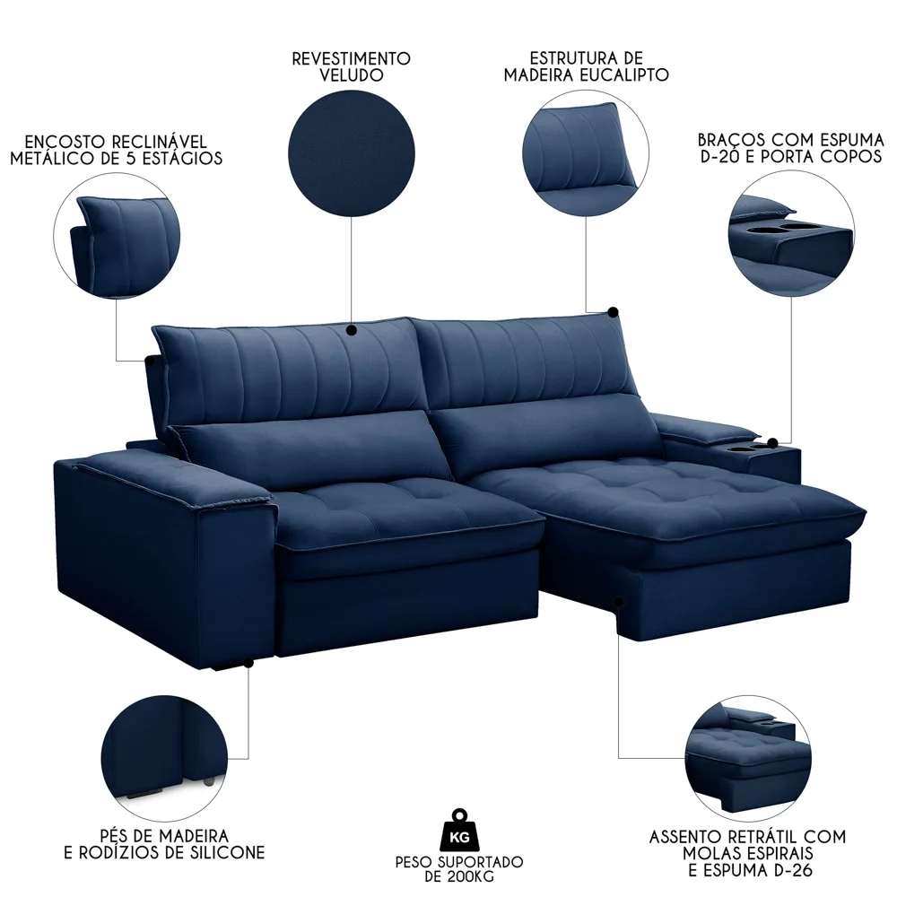 Sofá Retrátil 3 Lugares com Porta Copo 250cm Andes F05 Veludo Azul - Mpozenato