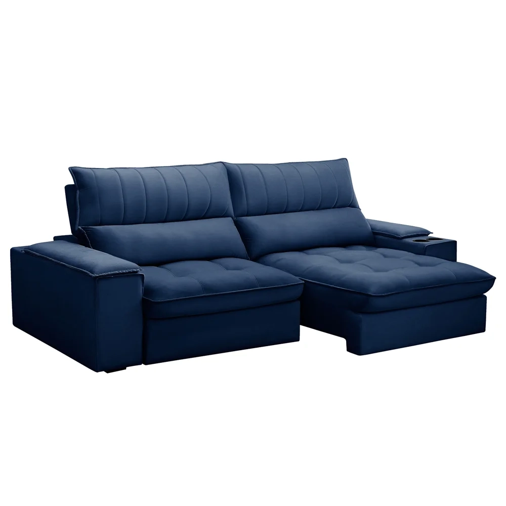Sofá Retrátil 3 Lugares com Porta Copo 250cm Andes F05 Veludo Azul - Mpozenato