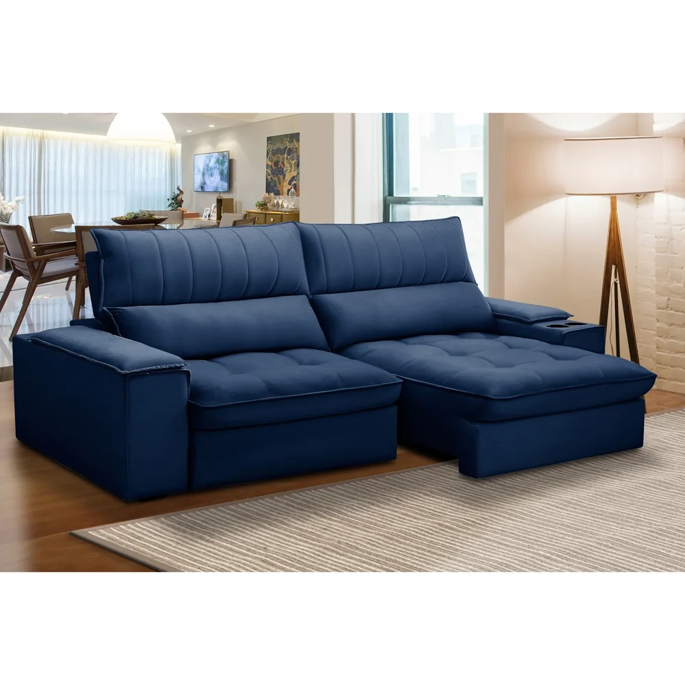 Sofá Retrátil 3 Lugares com Porta Copo 250cm Andes F05 Veludo Azul - Mpozenato