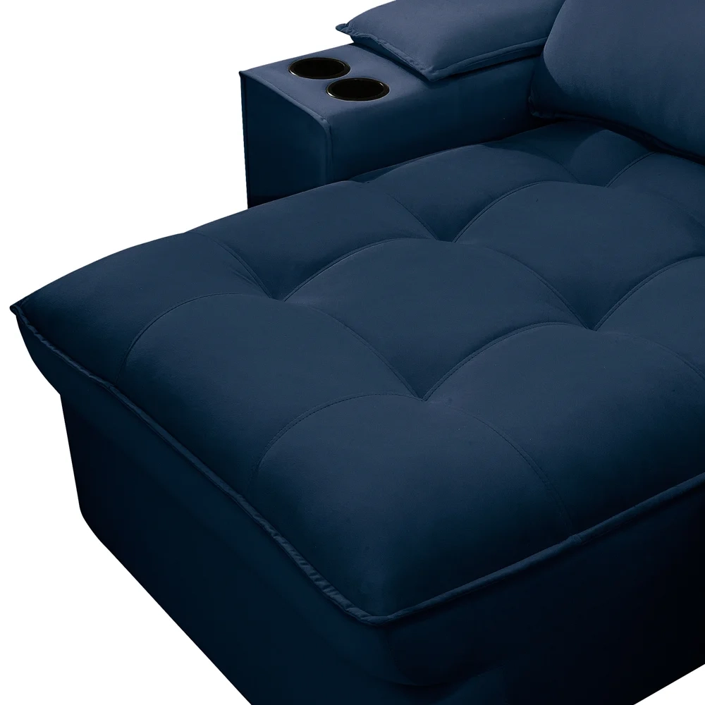 Sofá Retrátil 3 Lugares com Porta Copo 250cm Andes F05 Veludo Azul - Mpozenato
