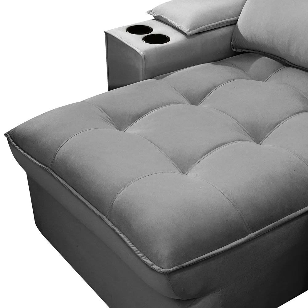 Sofá Retrátil 3 Lugares com Porta Copo 250cm Andes F05 Veludo Cinza - Mpozenato