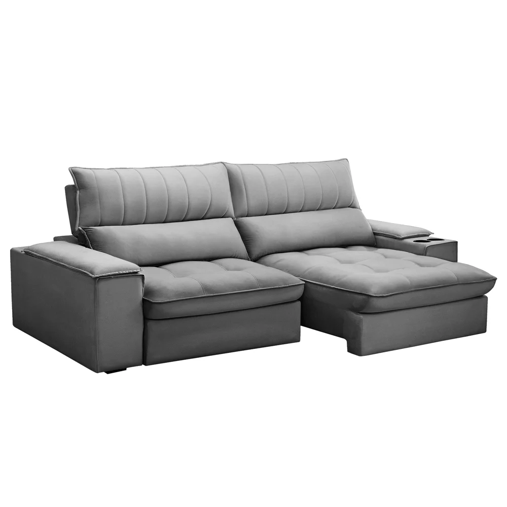 Sofá Retrátil 3 Lugares com Porta Copo 250cm Andes F05 Veludo Cinza - Mpozenato