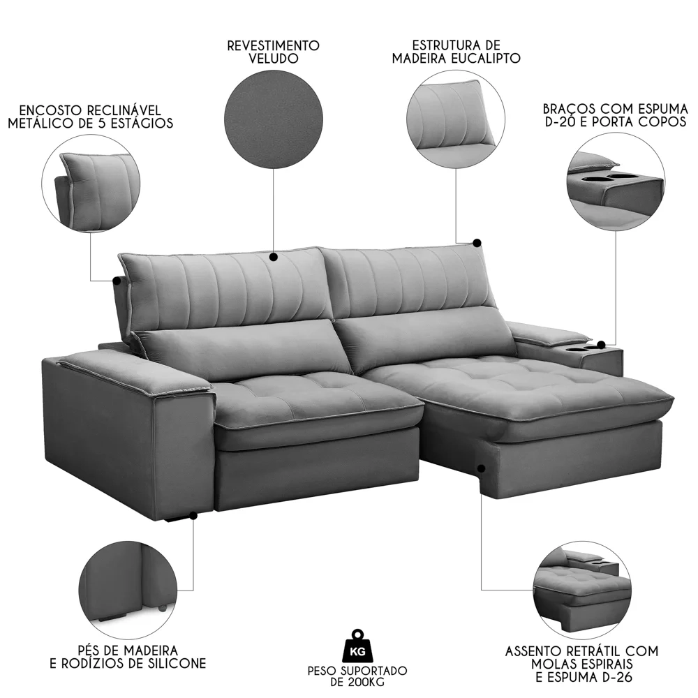 Sofá Retrátil 3 Lugares com Porta Copo 250cm Andes F05 Veludo Cinza - Mpozenato