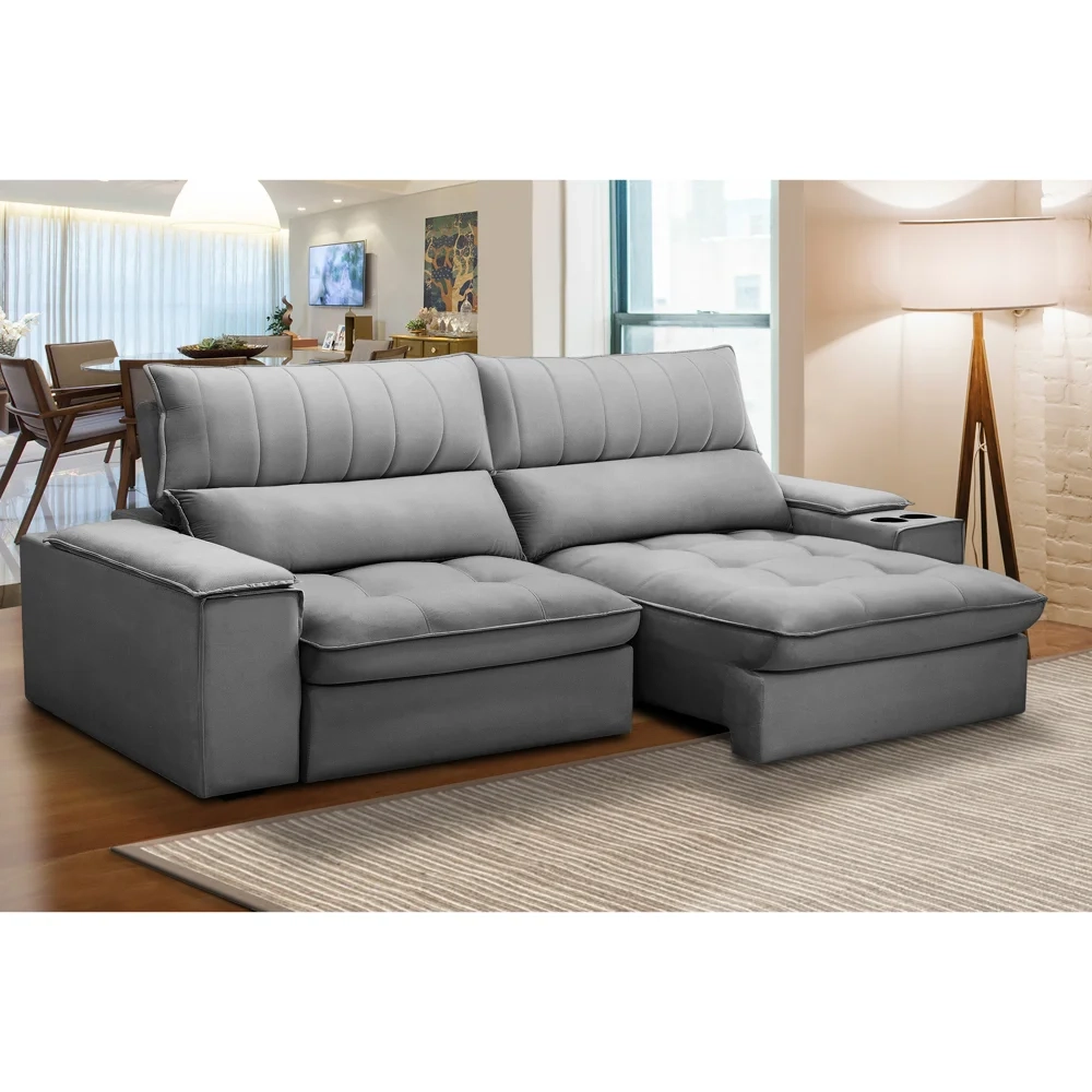 Sofá Retrátil 3 Lugares com Porta Copo 250cm Andes F05 Veludo Cinza - Mpozenato