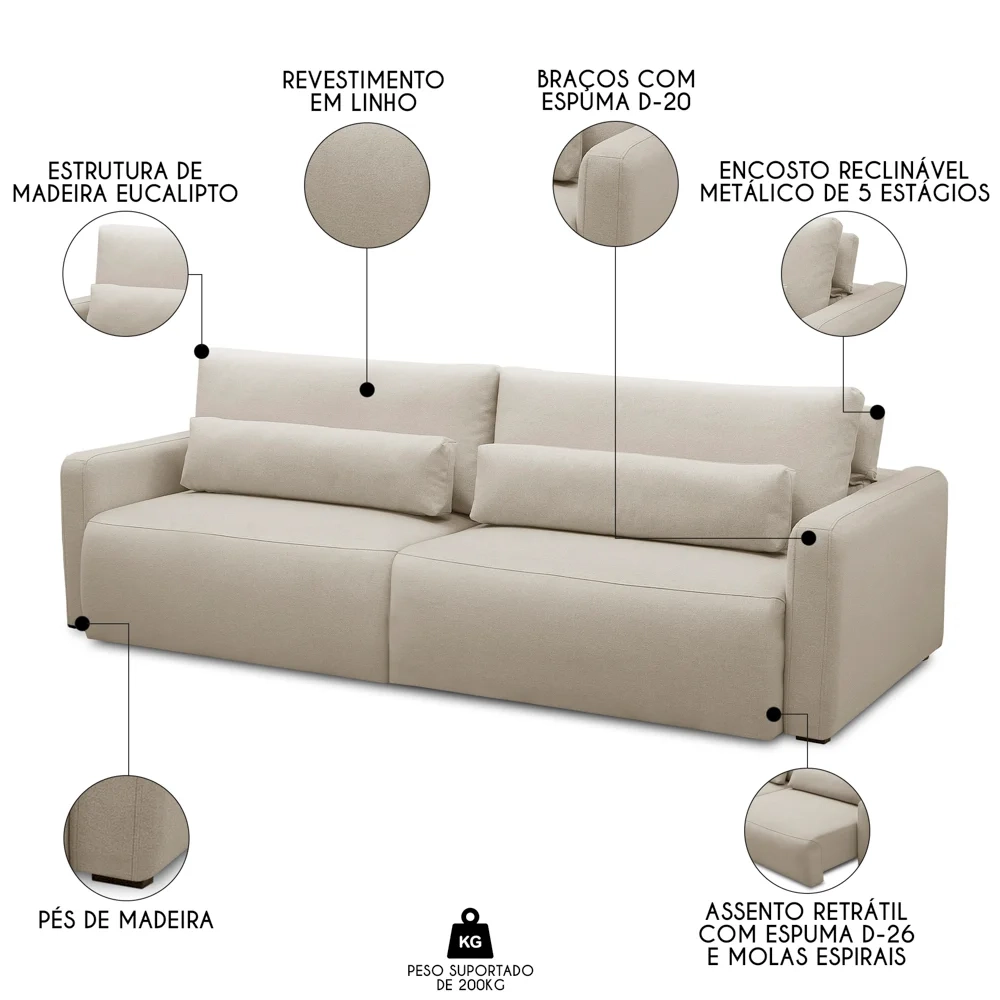 Sofá Retrátil Reclinável 240cm Sinna F05 Linho Bege - Mpozenato