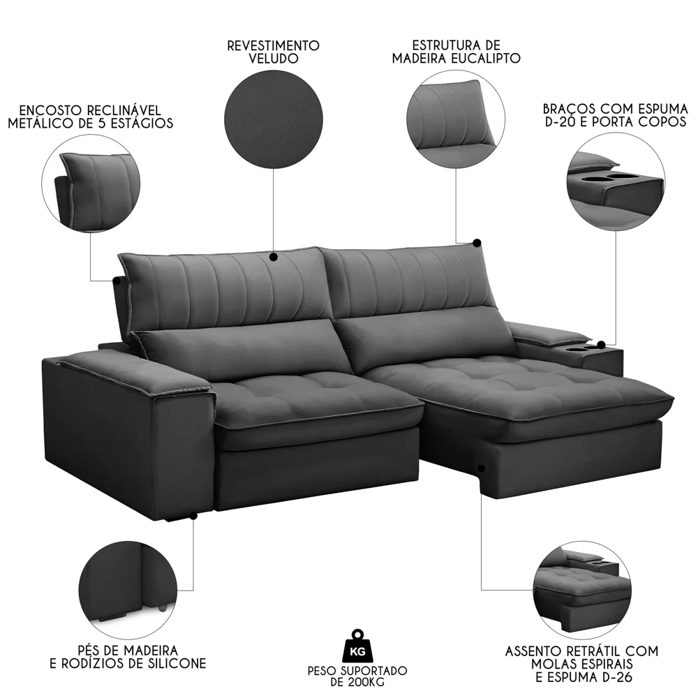 Sofá Retrátil 3 Lugares com Porta Copo 250cm Andes F05 Veludo Grafite - Mpozenato