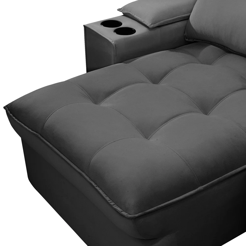 Sofá Retrátil 3 Lugares com Porta Copo 250cm Andes F05 Veludo Grafite - Mpozenato