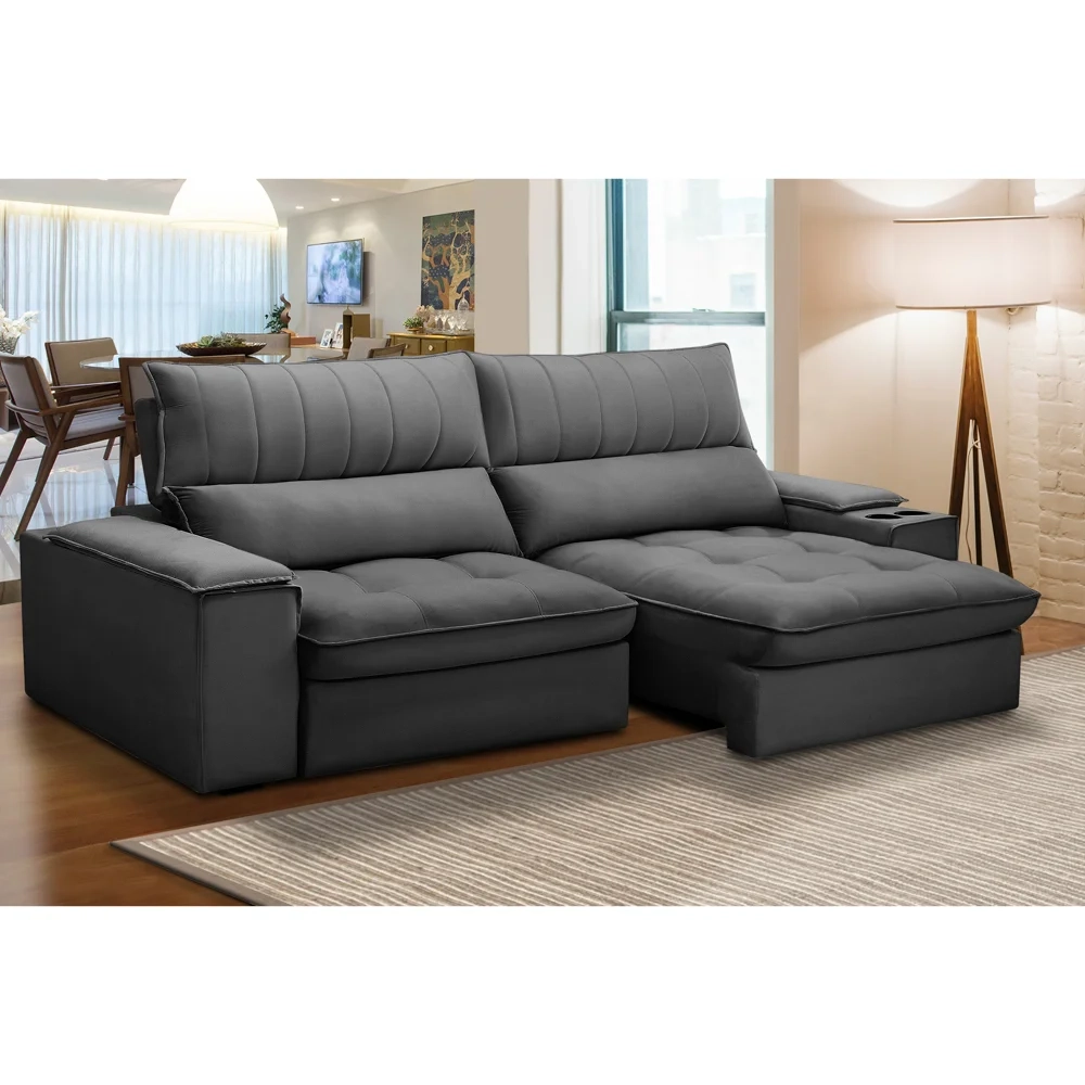 Sofá Retrátil 3 Lugares com Porta Copo 250cm Andes F05 Veludo Grafite - Mpozenato