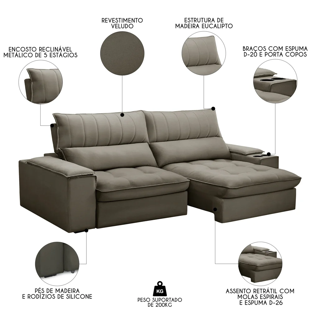 Sofá Retrátil 3 Lugares com Porta Copo 250cm Andes F05 Veludo Marrom - Mpozenato