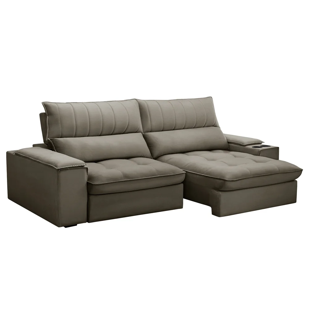Sofá Retrátil 3 Lugares com Porta Copo 250cm Andes F05 Veludo Marrom - Mpozenato