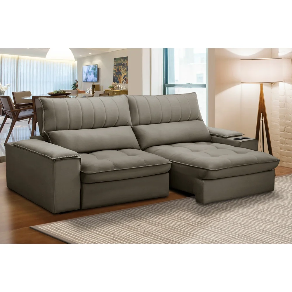 Sofá Retrátil 3 Lugares com Porta Copo 250cm Andes F05 Veludo Marrom - Mpozenato