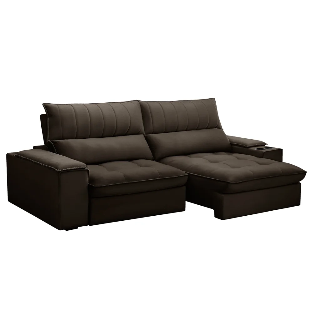 Sofá Retrátil 3 Lugares com Porta Copo 250cm Andes F05 Veludo Marrom Escuro - Mpozenato