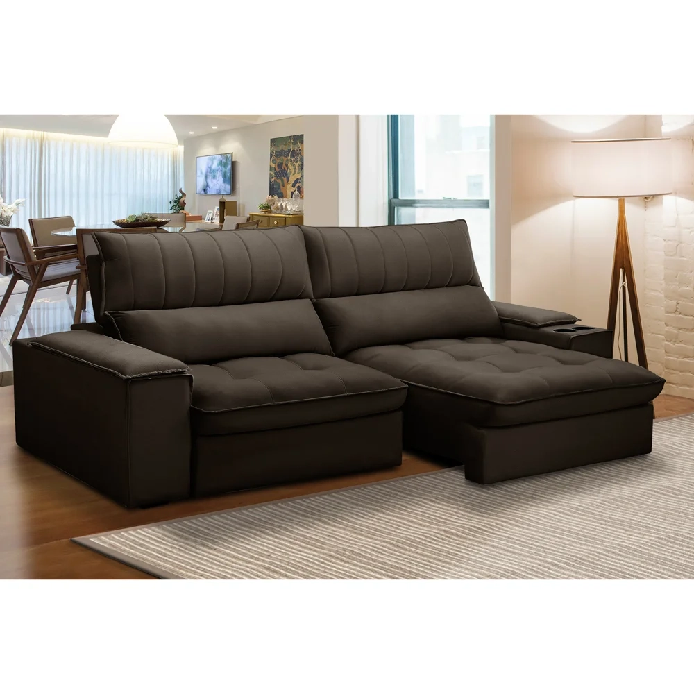 Sofá Retrátil 3 Lugares com Porta Copo 250cm Andes F05 Veludo Marrom Escuro - Mpozenato