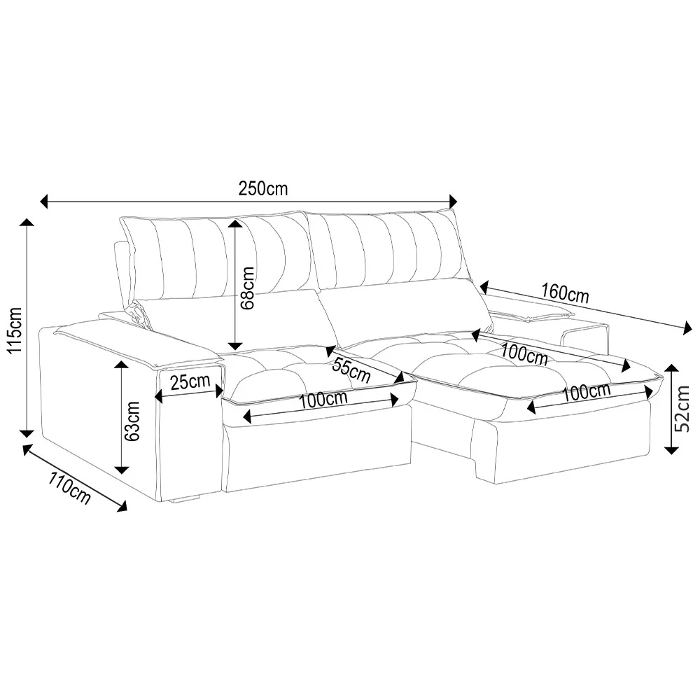 Sofá Retrátil 3 Lugares com Porta Copo 250cm Andes F05 Veludo Marrom Escuro - Mpozenato
