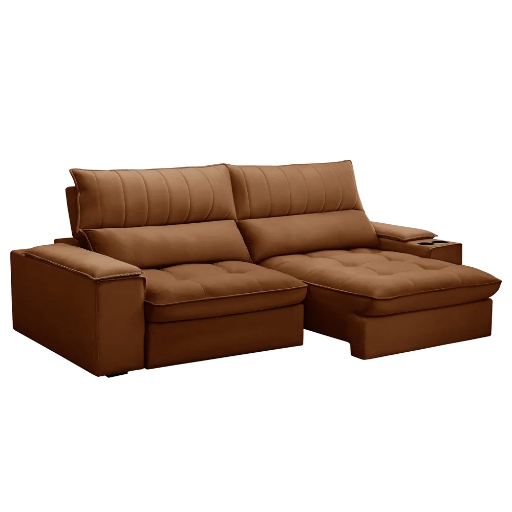 Sofá Retrátil 3 Lugares com Porta Copo 250cm Andes F05 Veludo Terracota - Mpozenato