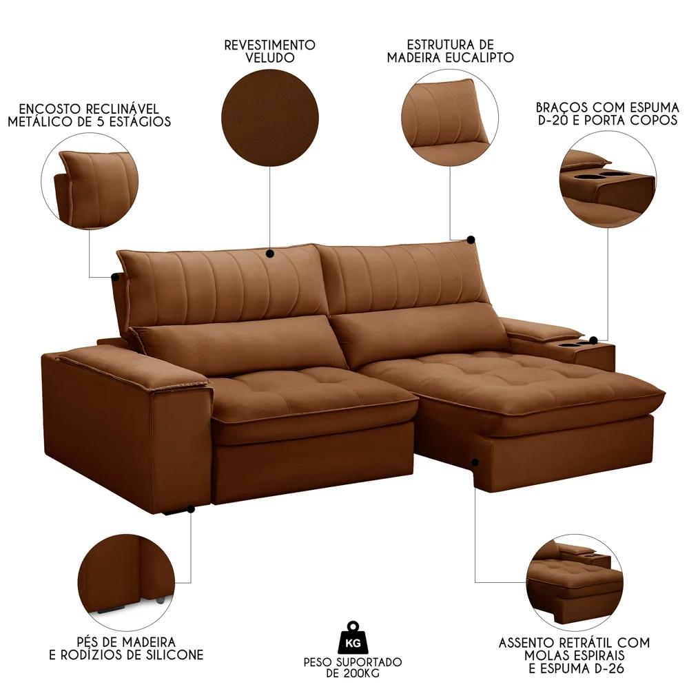 Sofá Retrátil 3 Lugares com Porta Copo 250cm Andes F05 Veludo Terracota - Mpozenato