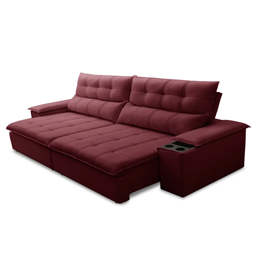 Sofá Retrátil 3 Lugares com Porta Copo 250cm Malta F05 Veludo Bordô - Mpozenato