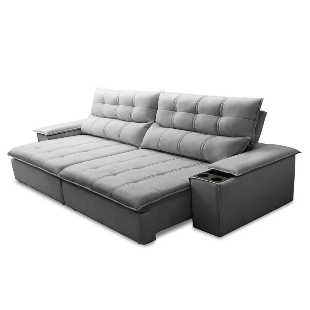 Sofá Retrátil 3 Lugares com Porta Copo 250cm Malta F05 Veludo Cinza - Mpozenato