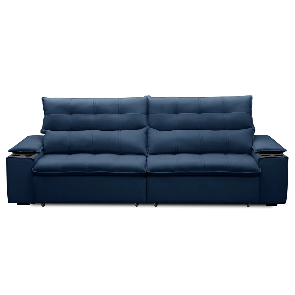 Sofá Retrátil 3 Lugares com Porta Copo 250cm Malta F05 Veludo Azul - Mpozenato