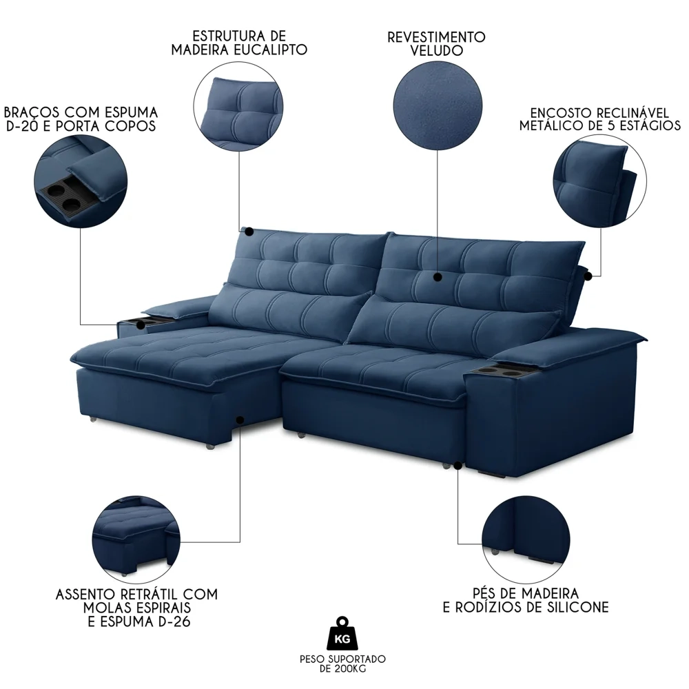 Sofá Retrátil 3 Lugares com Porta Copo 250cm Malta F05 Veludo Azul - Mpozenato