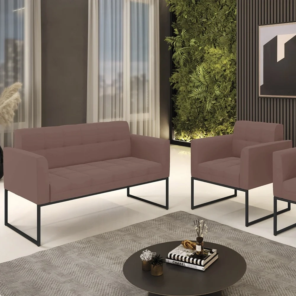 Sofá Namoradeira e 1 Poltrona Base Industrial Preto Ana Veludo Rosê - Ibiza