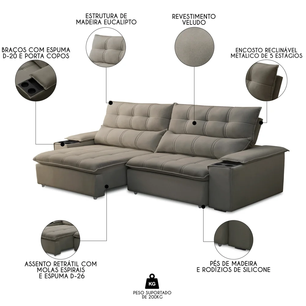 Sofá Retrátil 3 Lugares com Porta Copo 250cm Malta F05 Veludo Marrom - Mpozenato