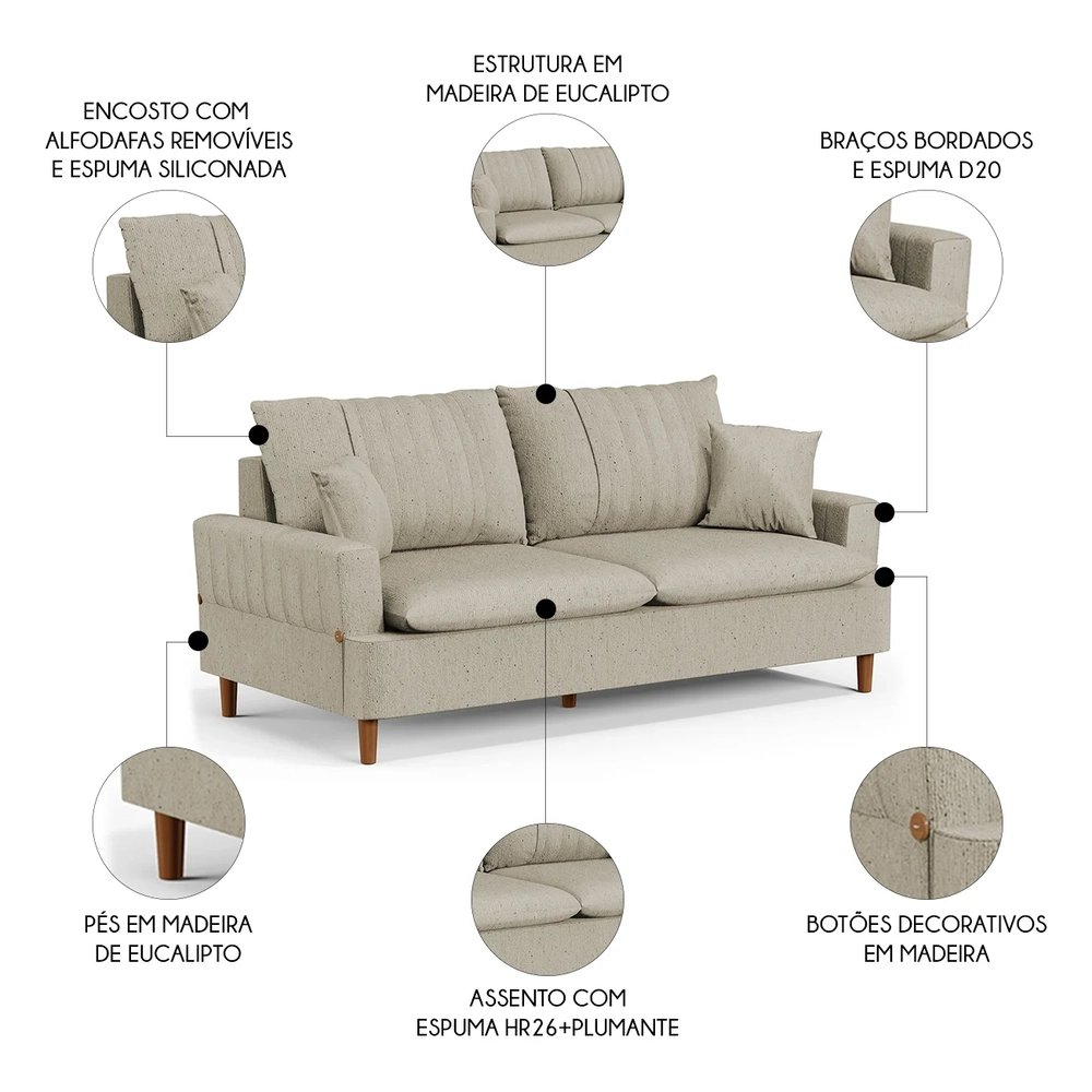 Sofá Living 3 Lugares 180cm com Almofadas Veras D05 Linho Bege - Mpozenato