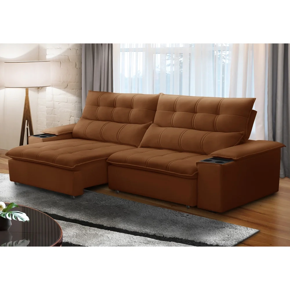 Sofá Retrátil 3 Lugares com Porta Copo 250cm Malta F05 Veludo Terracota - Mpozenato
