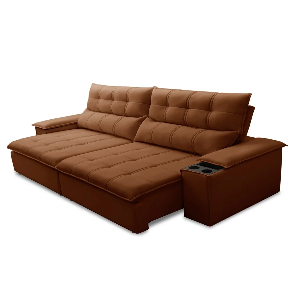 Sofá Retrátil 3 Lugares com Porta Copo 250cm Malta F05 Veludo Terracota - Mpozenato