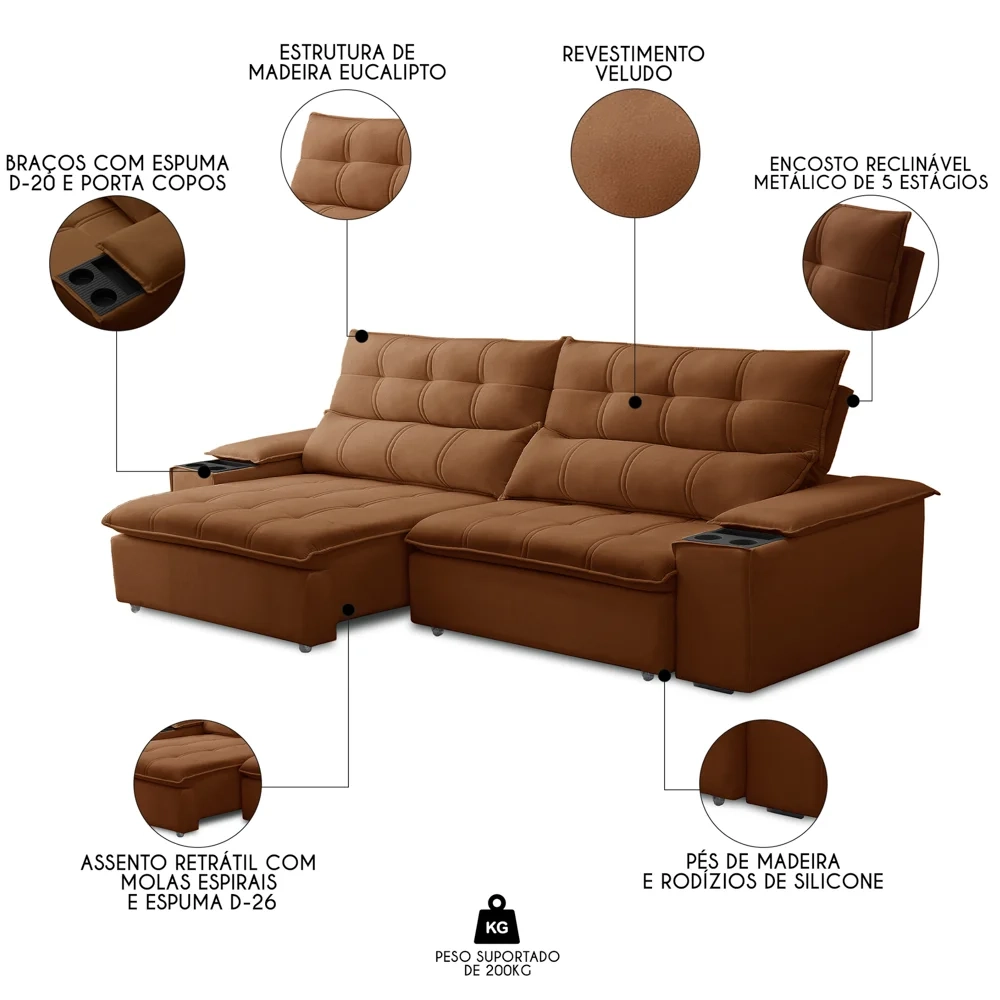 Sofá Retrátil 3 Lugares com Porta Copo 250cm Malta F05 Veludo Terracota - Mpozenato